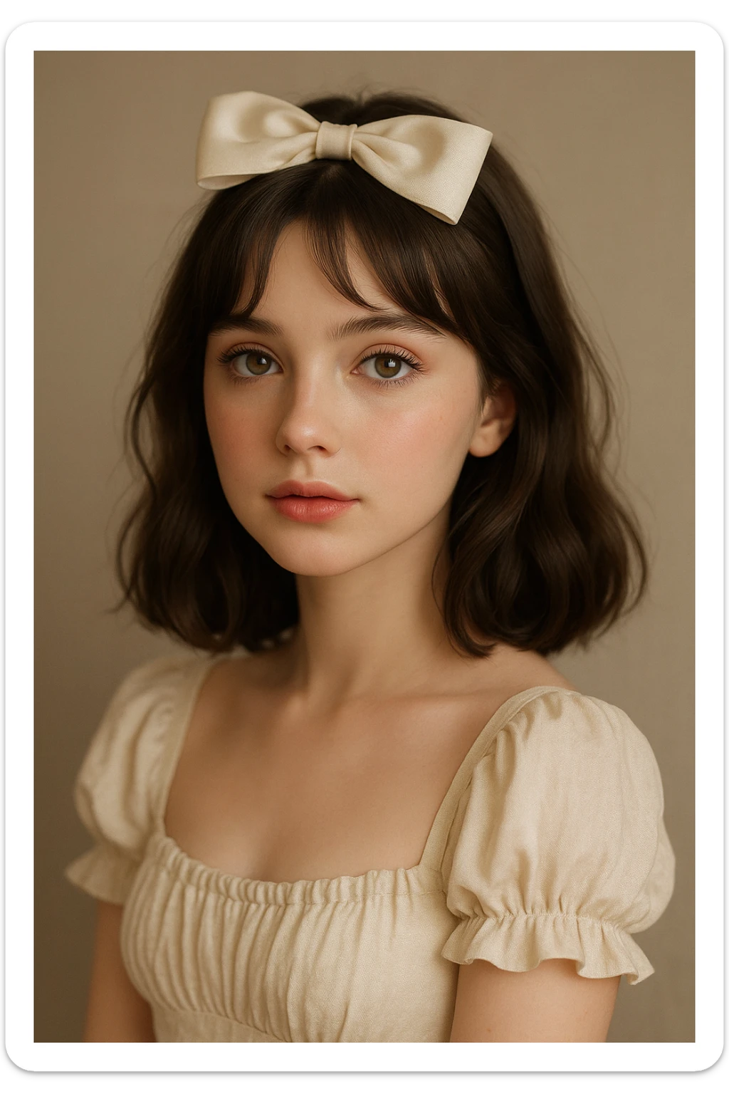 coquette girl with midi dark brown slightly wavy hair, bright skin, greenish hazel eyes, small cute lips, with a cute hair bow and soft makeup sticker