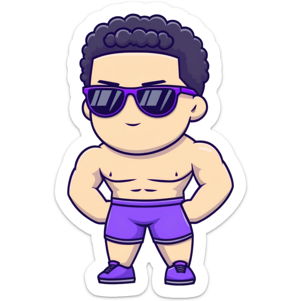 shirtless male athlete with white skin and moderately curly black hair on top with shaved sides, wearing purple sunglasses with black tinted lenses sticker