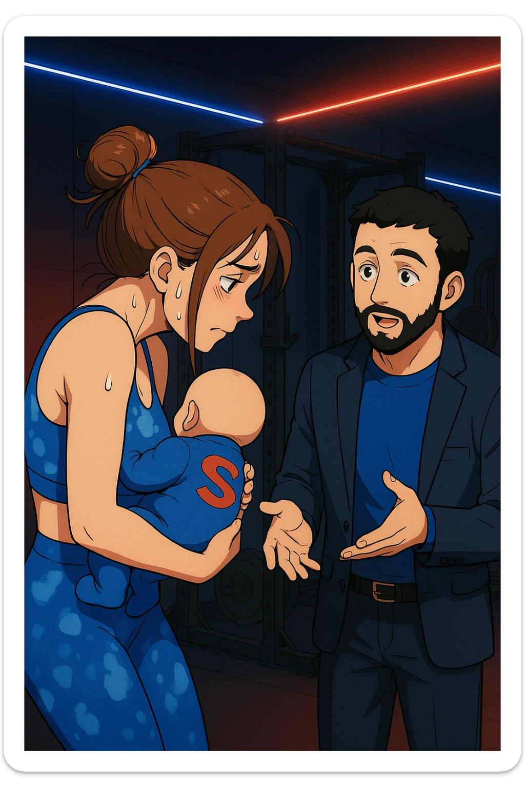 ispirati a questo stile di disegno e fai questa immagine in versione manga/webtoon a colori, il manga mostra la donna preoccupata di profilo con la postura sbagliata e incurvata, spalle chiuse e curve in avanti, con un neonato in braccio con una tutina azzurra e la scritta "S" sulla schiena, spina dorsale storta della donna in evidenza mentre ascolta l'uomo mentre l'uomo gli sta spiegando una cosa, ma non fare i fumetti, fai come se stessero parlando sticker