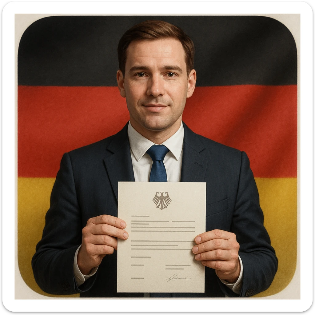 realistic style portrait of a person in business attire holding an official document, with German flag colors, for a citizenship app icon sticker