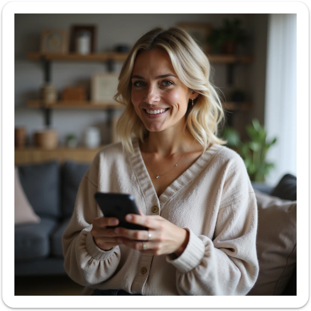 a happy blonde woman using a smartphone for online shopping, photorealistic style, cozy living room sticker