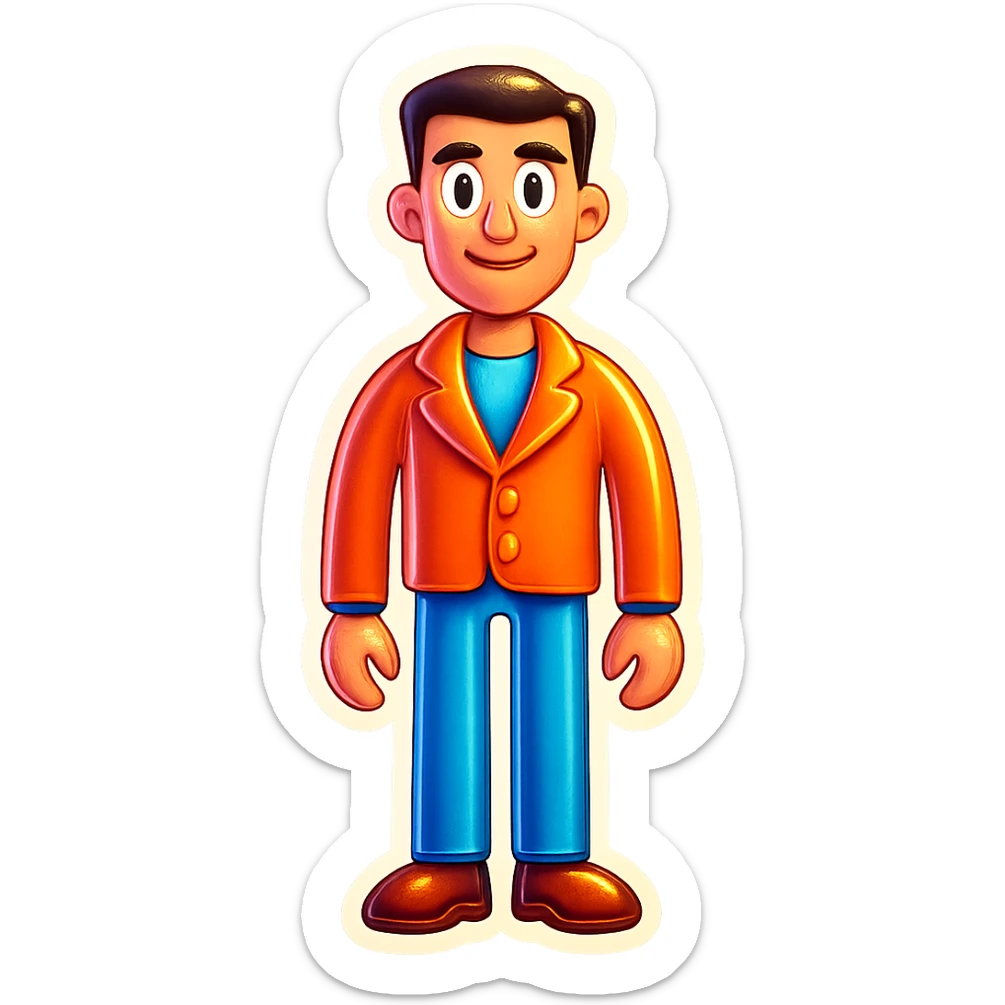 Add a shirt and trousers to the tall, thin man emoji, keep the style and friendly expression, no background. sticker