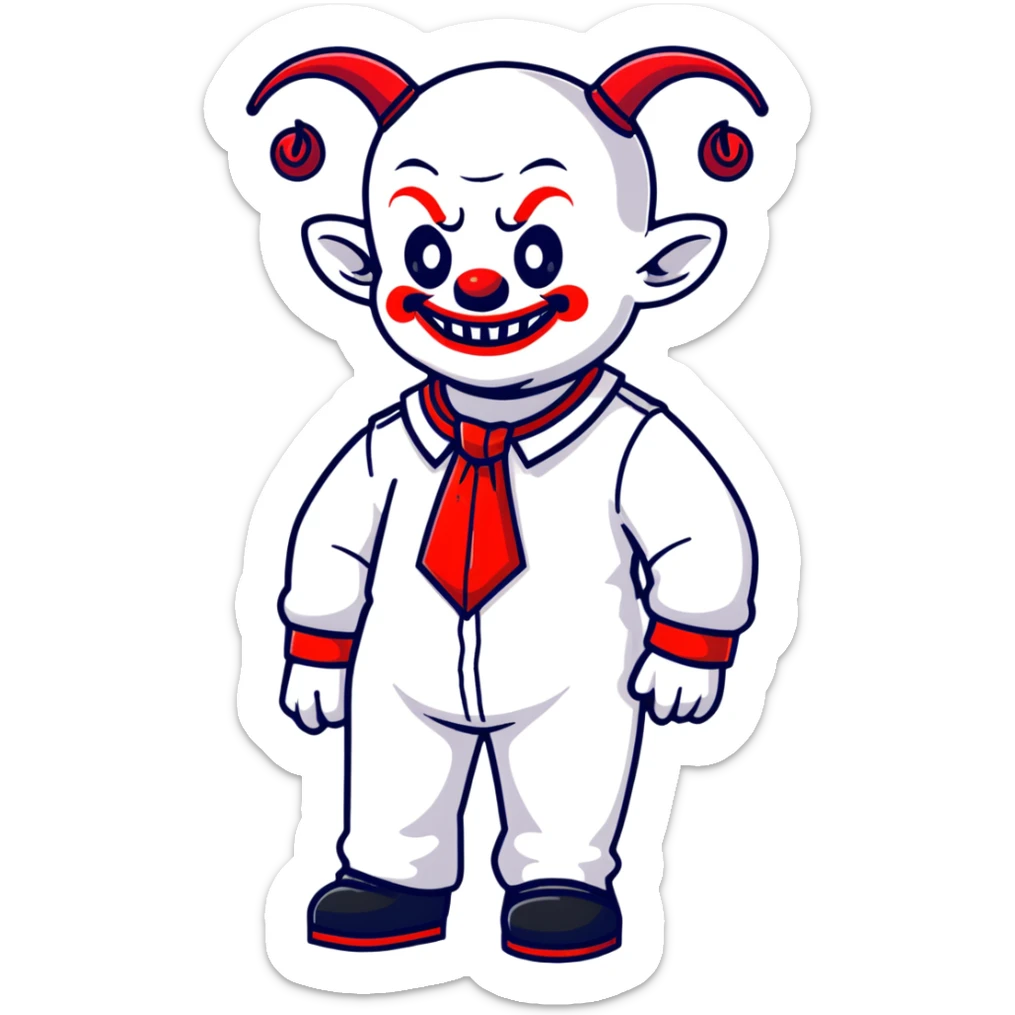 full-body demonic clown in a white leisure suit with bellbottom pants, bald, with black ram horns, wearing elevator shoes, cartoon sticker style sticker
