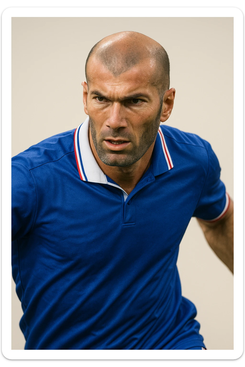 Zinedine Zidane, iconic French footballer, bald head, intense expression, blue jersey, in a dynamic pose, simple background sticker