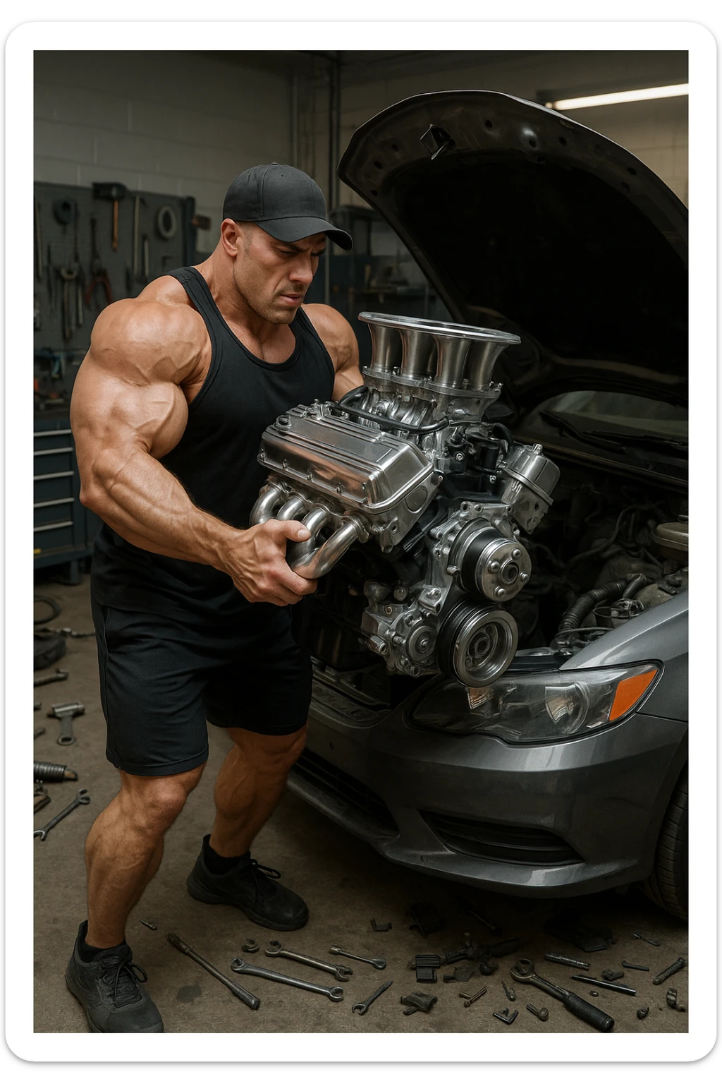 a muscular bodybuilder in gym attire stands next to a car with the hood open, lifting a large, shiny, high-performance engine with ease. His expression is focused and determined as he installs the new engine. The background is a modern garage, with tools and car parts scattered around, emphasizing strength and mechanical skill. sticker