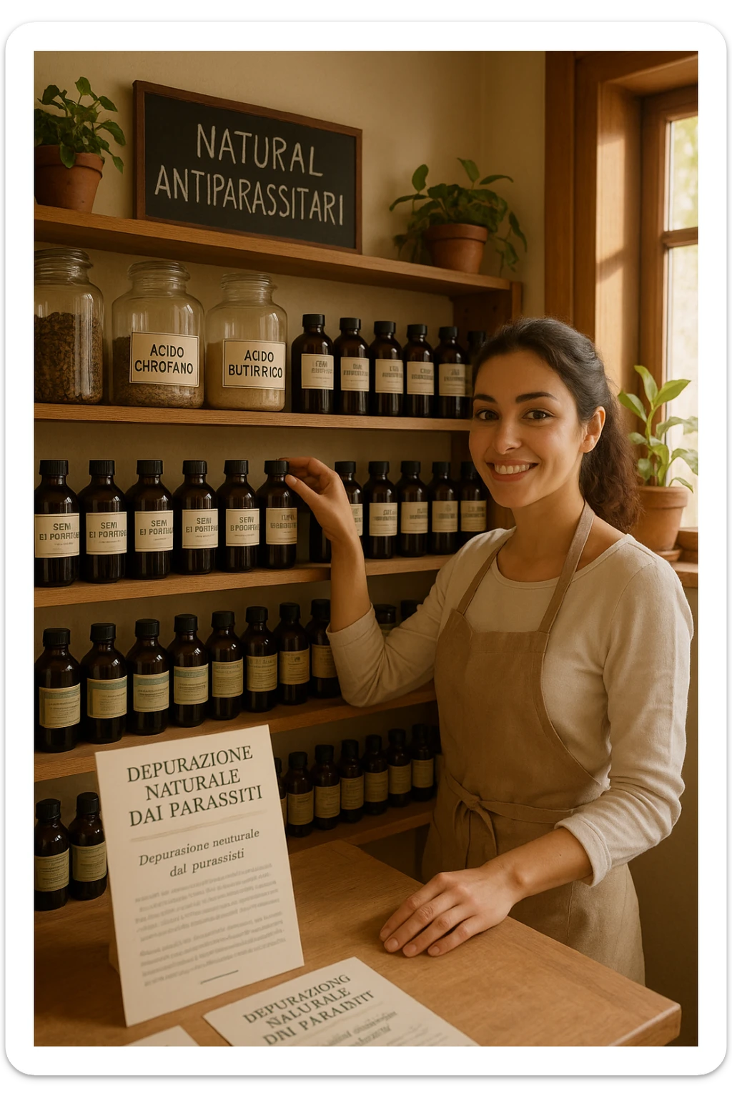 A realistic, well-lit herbal supplement store interior with wooden shelves neatly displaying glass jars and bottles labeled as ‘Chiodi di Garofano’, ‘Acido Butirrico’, and ‘Semi di Pompelmo’, organized in a clean and aesthetic manner. Small handwritten chalkboard signs indicate ‘Natural Antiparasitic Supplements’ above the section. The environment feels warm and trustworthy, with potted green plants adding freshness and a subtle sunlight entering through a window. A young shop assistant with a welcoming smile arranges the products, while informational leaflets about natural parasite cleansing are visible on a wooden counter, creating a holistic and health-conscious atmosphere in Italiano sticker