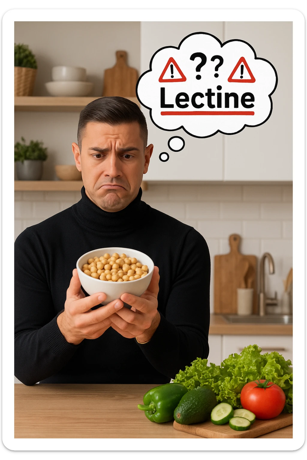 un uomo in cucina tiene in mano una ciotola di legumi (come fagioli o ceci) e li osserva con un’espressione dubbiosa e leggermente preoccupata. Sopra la ciotola, una nuvoletta di pensiero mostra la parola “Lectine” evidenziata in rosso, insieme a simboli di allarme o punti interrogativi. Sullo sfondo, altri alimenti salutari sono visibili sul tavolo, sottolineando il suo scetticismo verso i legumi. sticker
