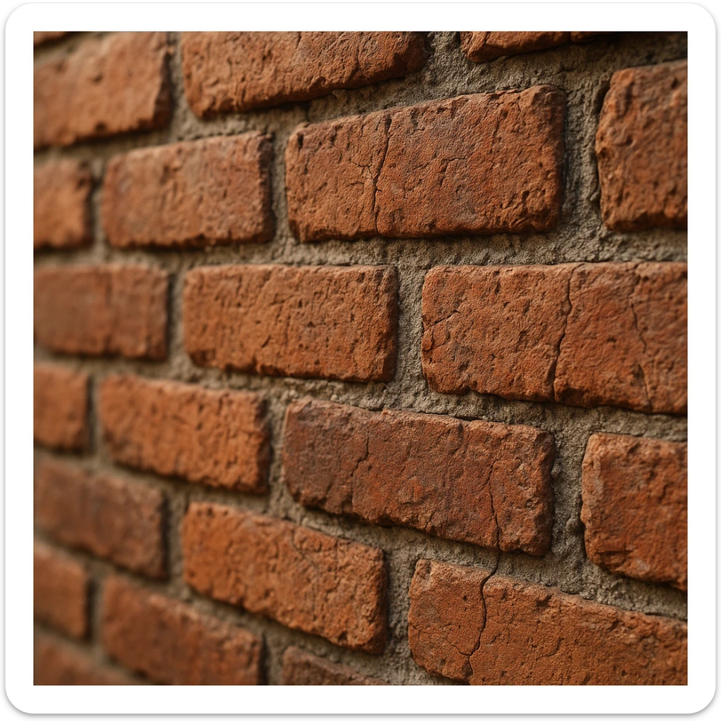 photorealistic close-up of a brick wall, detailed red and brown bricks, rough texture, visible mortar, natural lighting, slight weathering, cracks, shallow depth of field sticker