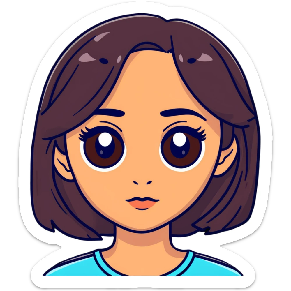 woman face with big eyes, medium skin tone, and dark hair sticker