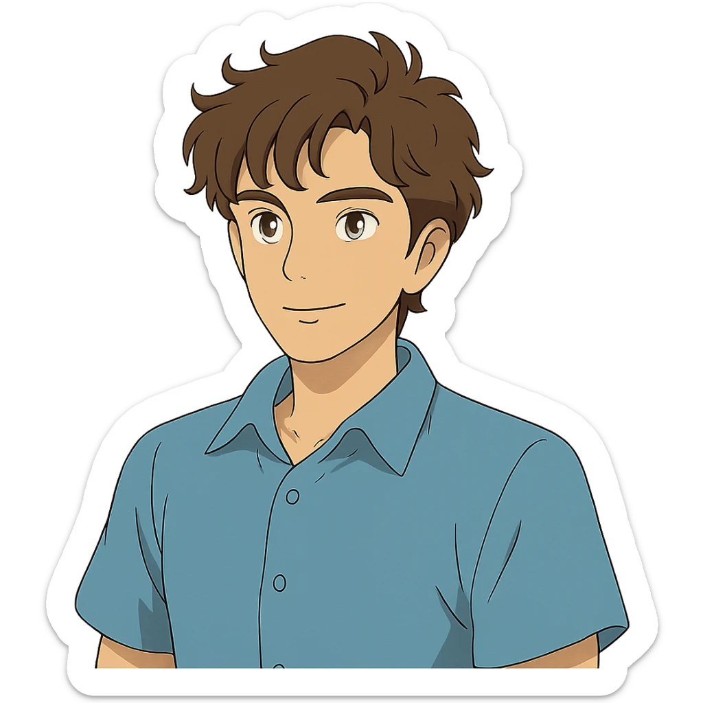 ghibli style good looking young adult boy with brown curly hair and brown eyes sticker