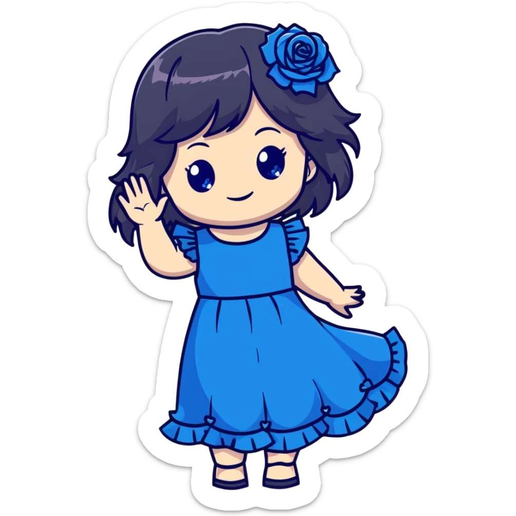 cute chibi girl with long dark hair, blue rose in hair, bright blue eyes, black frilly dress, smiling and waving sticker