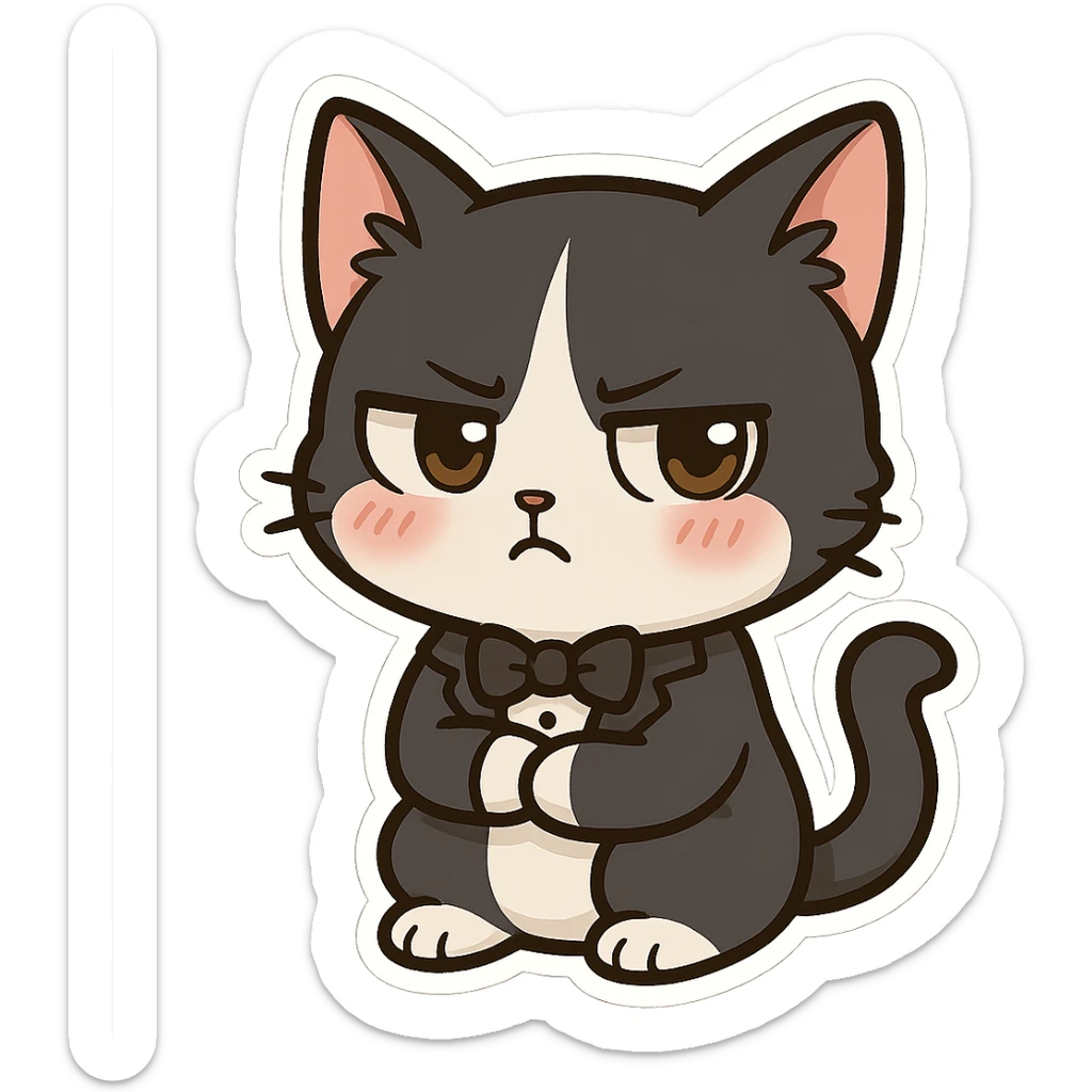 Make a cow cat into a cat in a tuxedo, with black and white fur and a tsundere, cute expression. Keep it in a playful chibi sticker style with no background. sticker