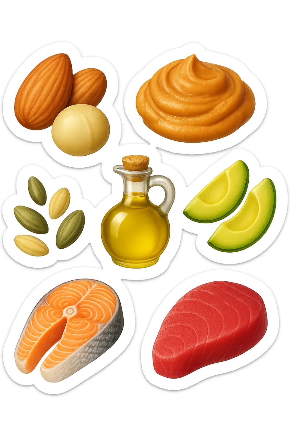EMOJI STILE IPHONE DI
Frutta secca (mandorle, noci macadamia)
Burro di frutta secca (es. burro di arachidi)
Avocado (in piccole porzioni)
Semi
Olio extravergine d’oliva
Pesce grasso (salmone, tonno)
, fluttuano in aria REALISTICA 4K sticker