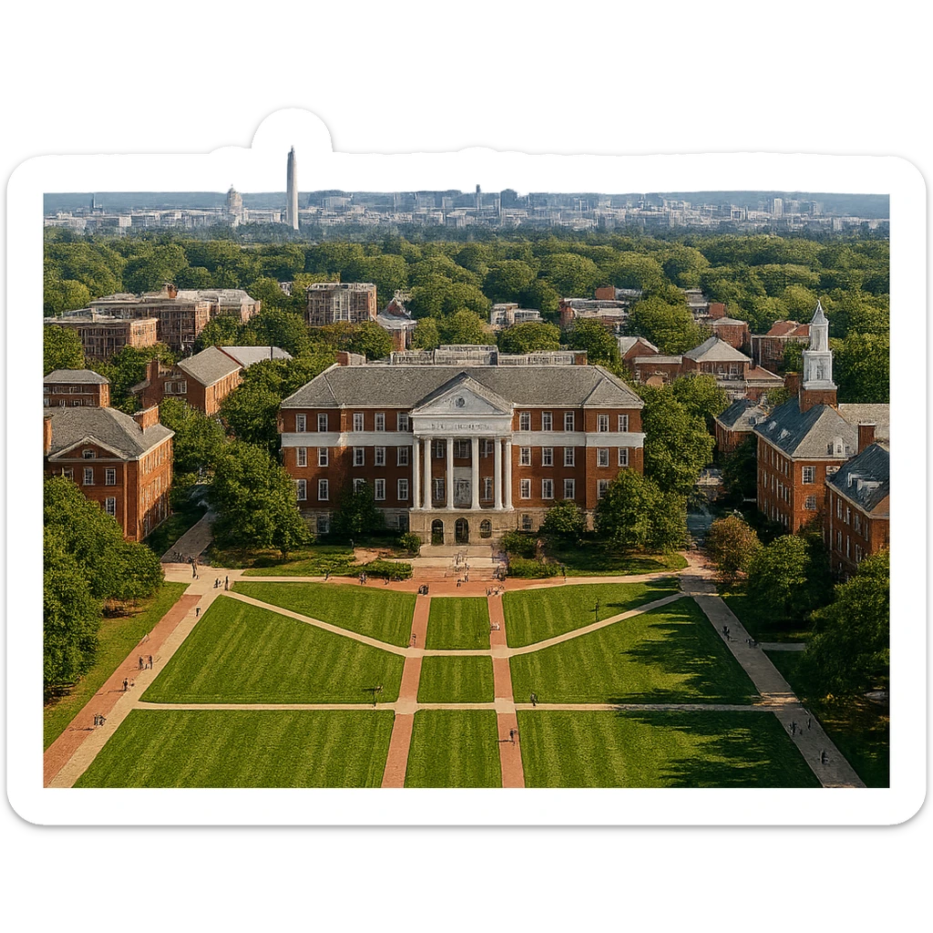 cinematic realistic emoji of College Park, Maryland, city view with University of Maryland campus, Washington DC skyline in the background, lifelike detail, accurate colors, bright daytime, no sky, no clouds sticker