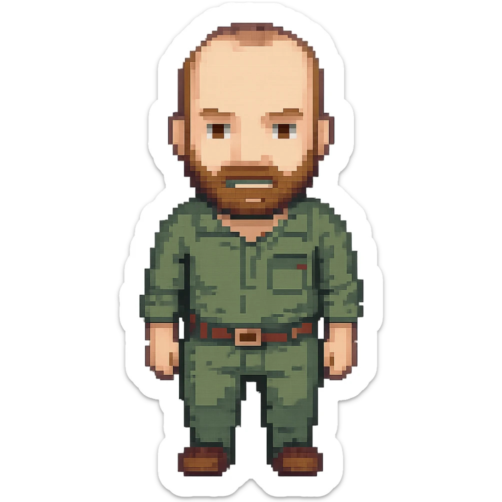 Edit the image to depict a man with less hair, shorter beard, brown hair and beard, in the style of pixel art with transparent background. The style is pixel art style. sticker