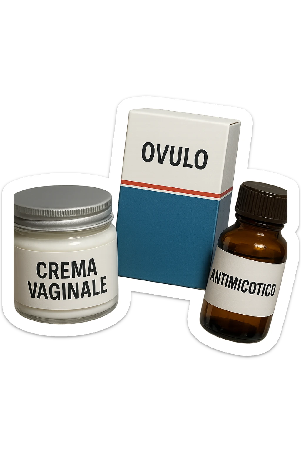 un barattolo di crema con la scritta "crema va**ale", una scatola con farmaco con la scritta "ovulo", un barattolo di farmaco con la scritta "antimicotico" in italiano sulle etichette, fluttuano in aria, IPERREALISTICO 4K sticker