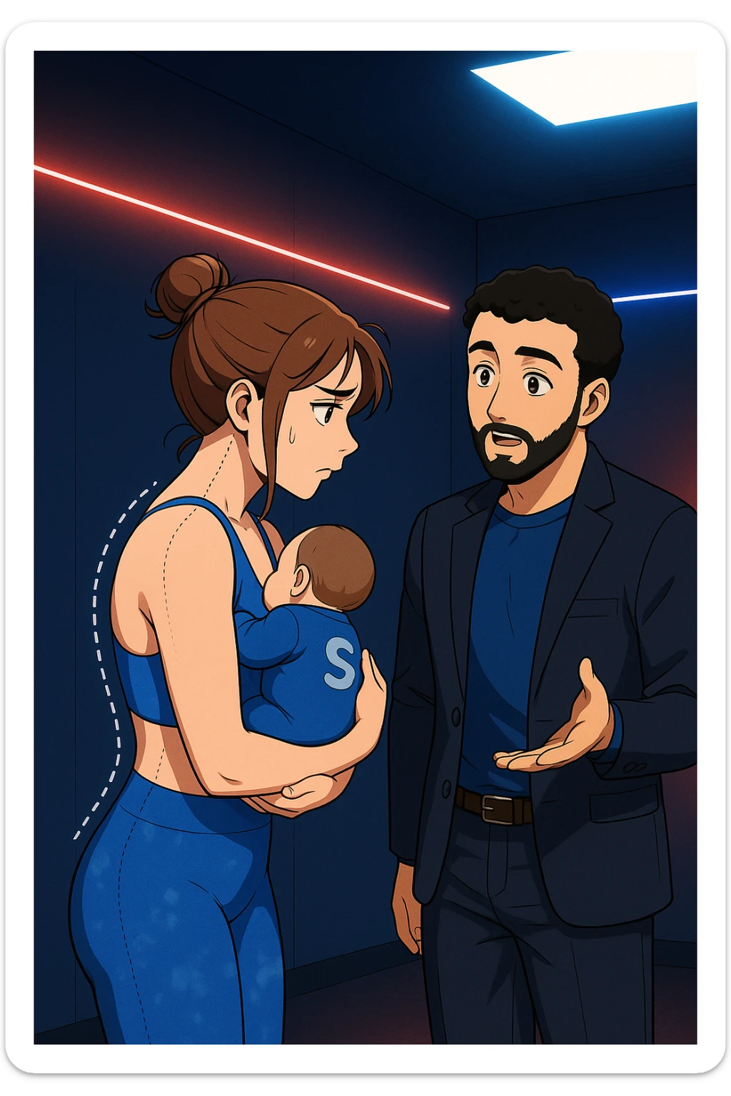 ispirati a questo stile di disegno e fai questa immagine in versione manga/webtoon a colori, il manga mostra la donna preoccupata di profilo con la postura sbagliata e incurvata, spalle chiuse e curve in avanti, con un neonato in braccio con una tutina azzurra e la scritta "S" sulla schiena, spina dorsale storta della donna in evidenza mentre ascolta l'uomo mentre l'uomo gli sta spiegando una cosa, ma non fare i fumetti, fai come se stessero parlando sticker