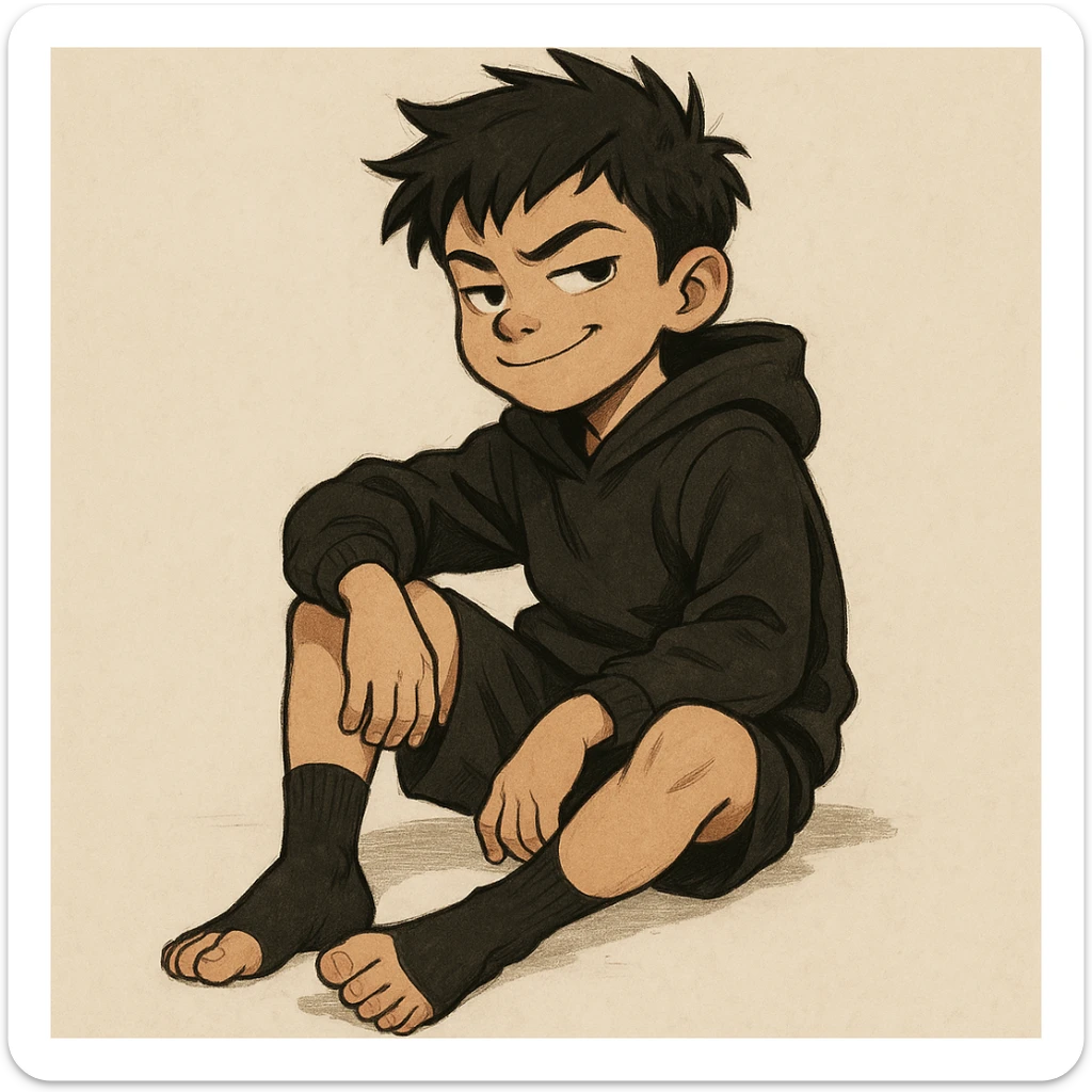 boy kid sitting in a ring sitting pose, wearing a black hoodie with hood off, smirking expression, black crew socks, black messy hair, black basketball shorts, toes curled sticker