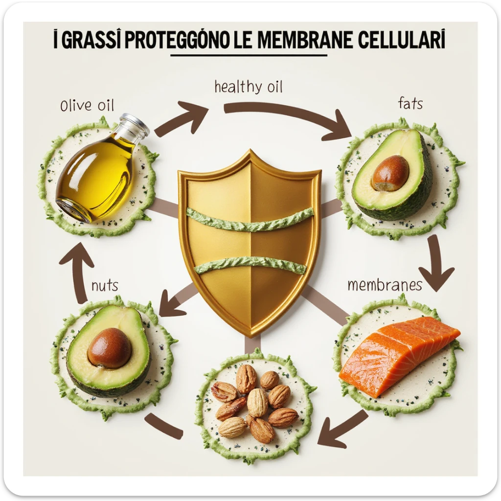 realistic infographic showing healthy fats (olive oil, avocado, nuts, salmon) protecting human cell membranes, cells with highlighted membranes, fats wrapping around like a shield, educational style, Italian caption 'I grassi proteggono le membrane cellulari', light background sticker