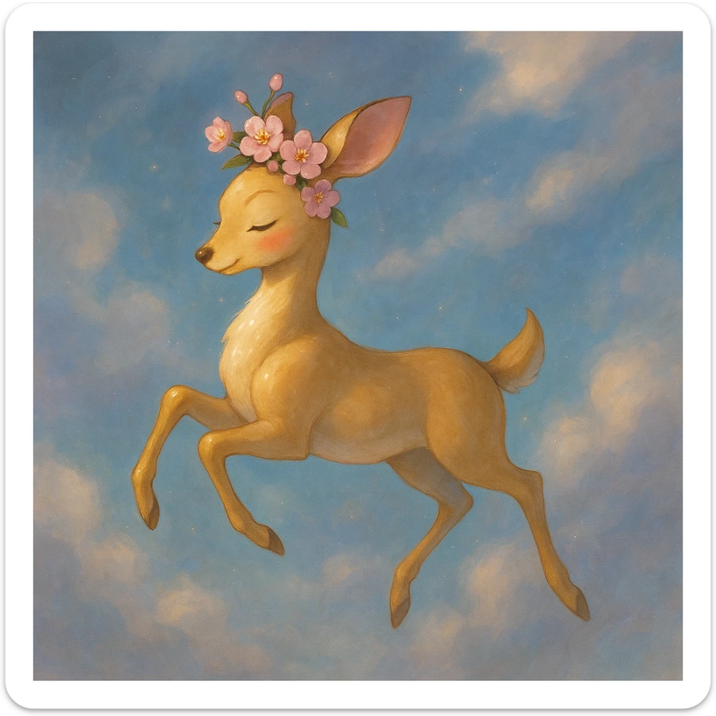 Enhance this feminine adult vanilla cloud doe with rosy cheeks and cherry flowers, floating gracefully in a dreamy Ghibli-Pixar style. Make the colors richer, the lines softer, and the cherry flowers more detailed. Add a magical glow and elegant highlights, keeping the look whimsical and refined. sticker