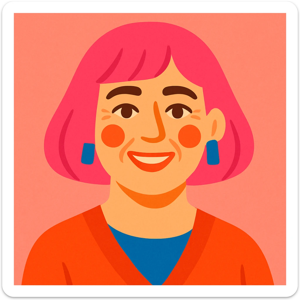 50 year old woman with a pink bob haircut, pink salt background, vibrant and friendly expression sticker