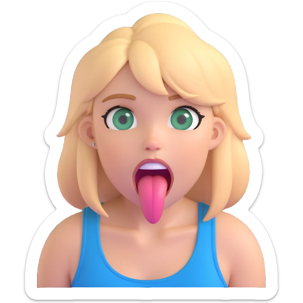 dirty blonde girl with blueish green eyes, black tank top, sticking tongue out and drooling sticker