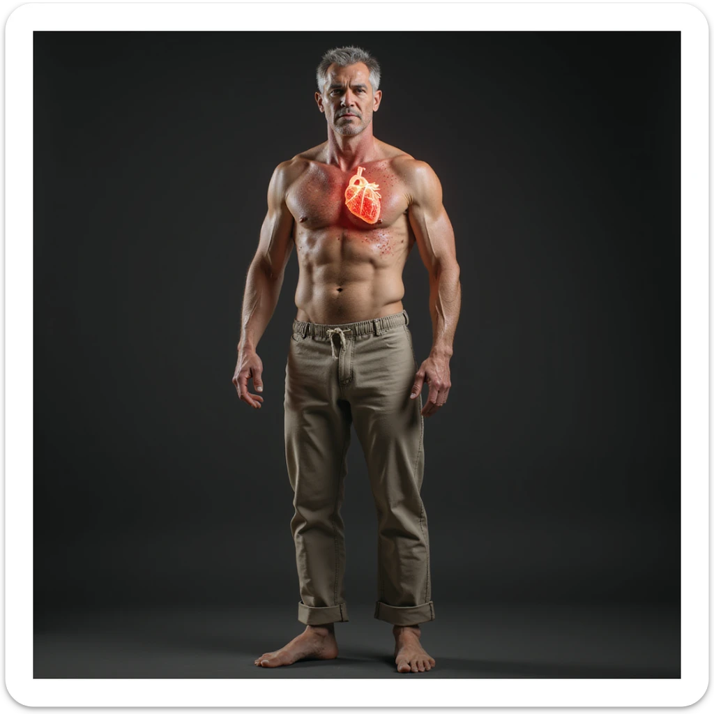 realistic adult man with simple clothing, body showing signs of autoimmune diseases: stylized heart highlighted, skin spots, swollen joints, vulnerable atmosphere, realistic details, clinical background, 4K quality sticker