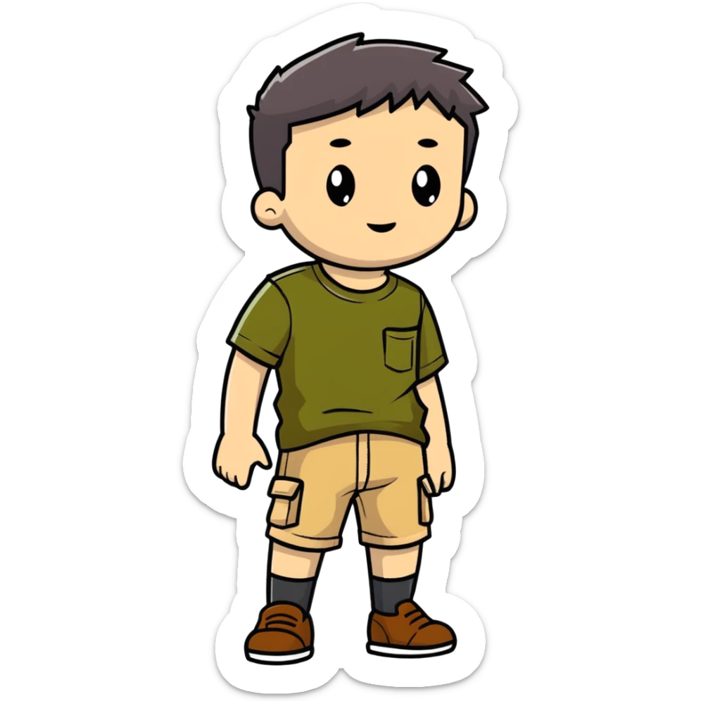 boy wearing an olive-green shirt over a brown T-shirt with beige cargo shorts sticker