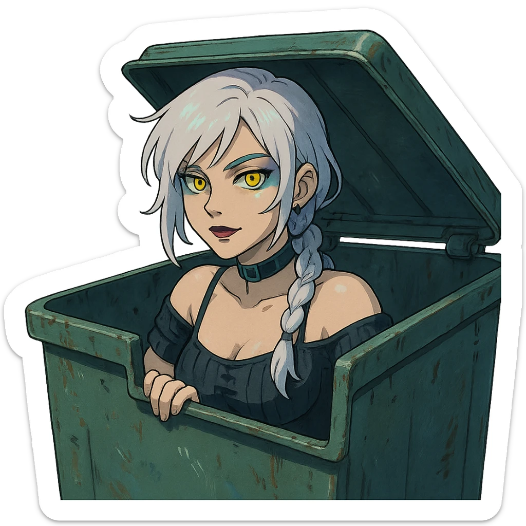 she is poking out from a garbage dumpster, a closeup portrait of young woman with gold yellow eyes, white hair, long braid, black off-shoulder top d-cup, punk gothic style, futuristic cyberwave cyberpunk, sticker