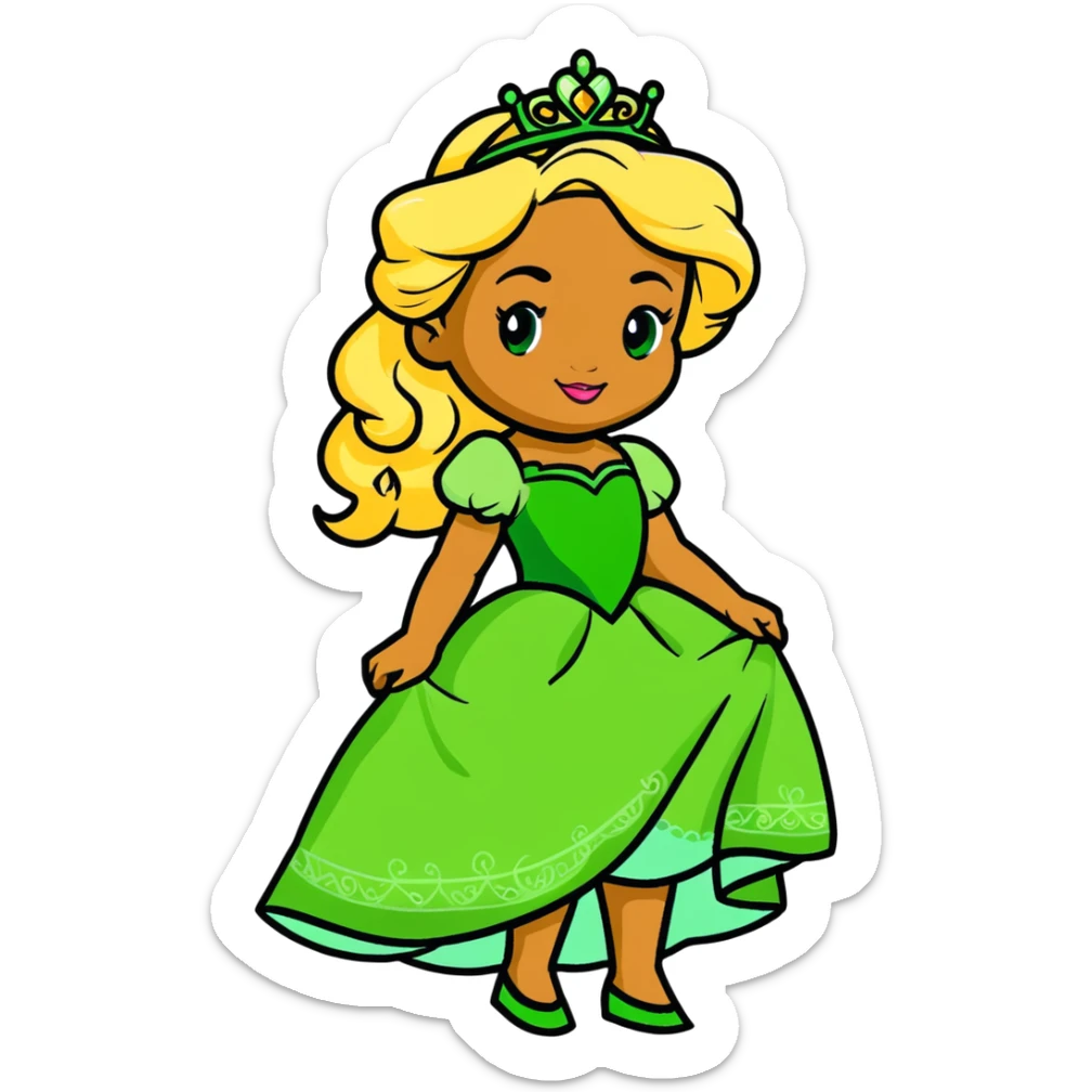 Disney Princess Tiana with super long blonde curly hair, green princess dress sticker