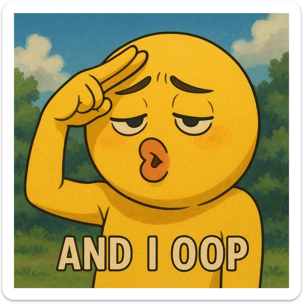 and I oop, slay energy, emoji with fingers to forehead like salute, "and i oop" meme, puckering lips, looking down, lowkey embarassed but still cool sticker