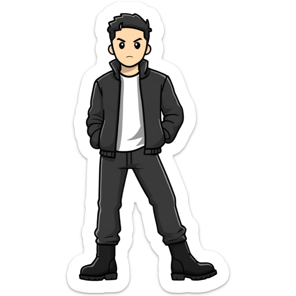 Full body standing male figure wearing black jacket, black pants, and black boots sticker