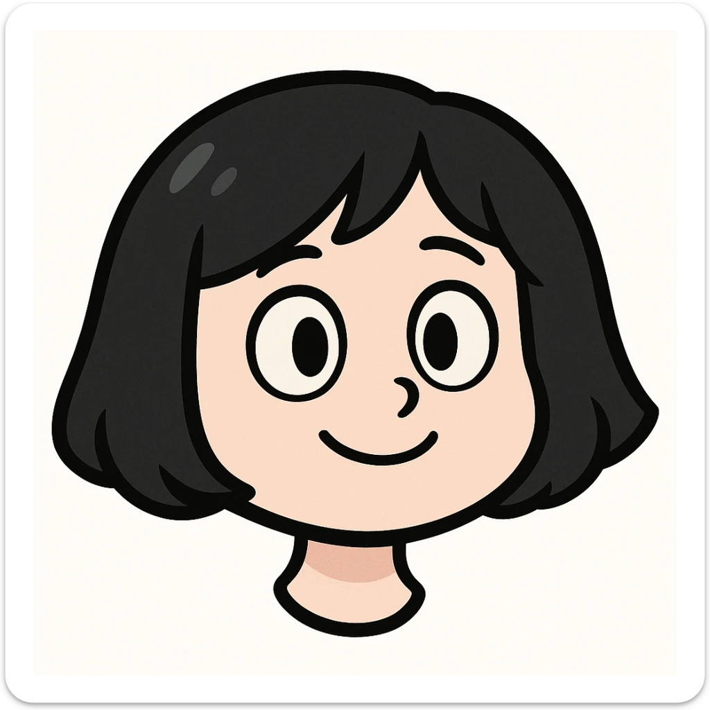 very cute young girl with pale skin, black bob haircut, simple cartoon features, big eyes, simple smile, minimal details, Telegram sticker style, head only without neck, white background sticker