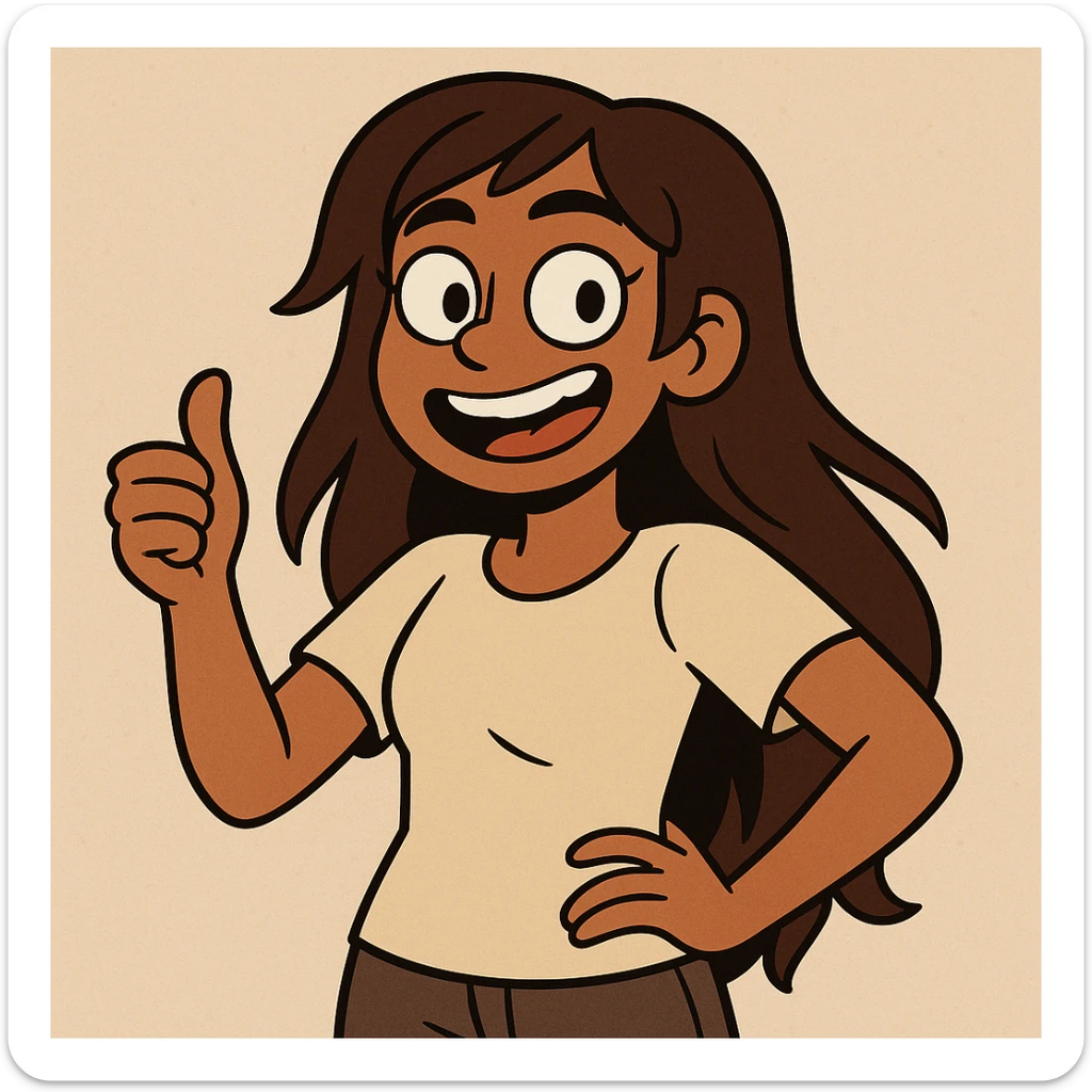 brown-skinned girl with long brown hair and black eyes, colorful cartoon style sticker