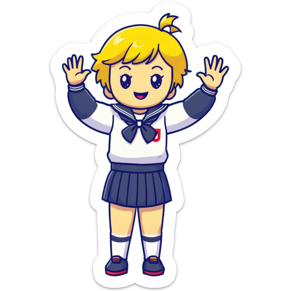 Anime girl with short bright yellow hair wearing Japanese sailor style school uniform, composed posture with hand on hip but energetically waving with other hand, excited smile and happy eyes sticker