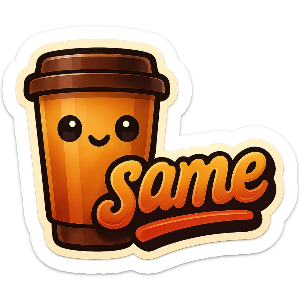 Tall coffee cup, no mouth, giant sign "same" sticker