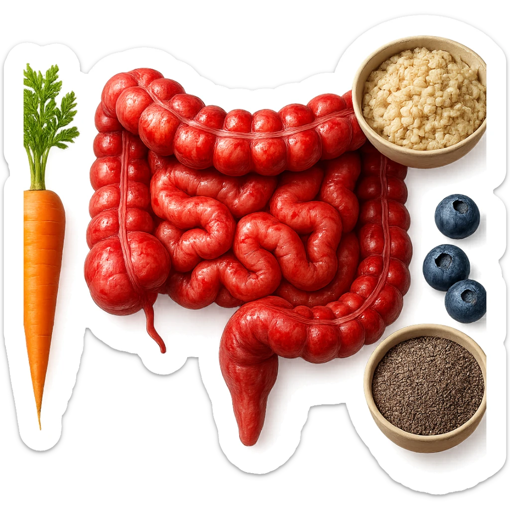 intestino umano anatomico infiammato al centro con carota, bowl di avena, mirtilli, bowl di semi di chia che gli fluttuano intorno , iperrealistico 4k sticker