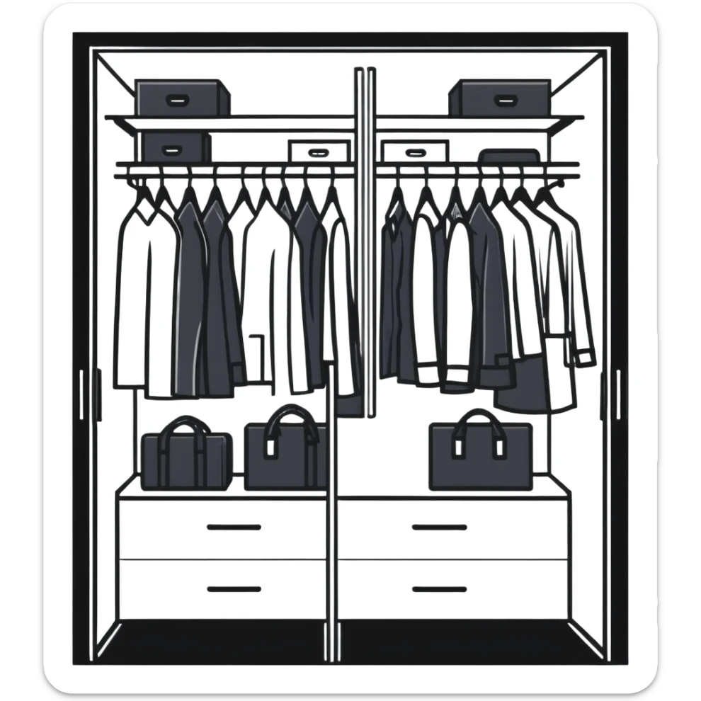 Modern closet with door ajar showing organized professional clothing, work wardrobe storage sticker