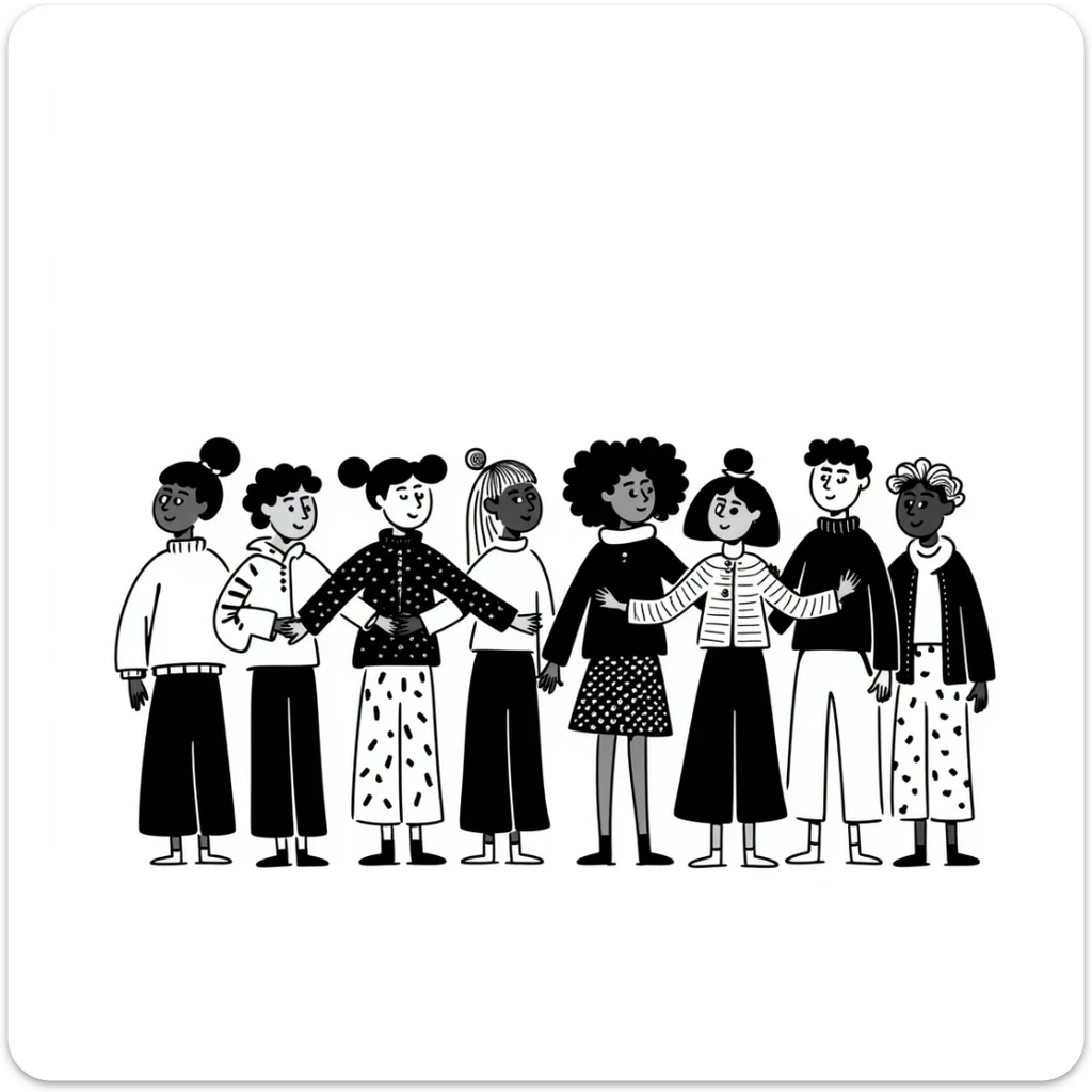 Hand-drawn illustration of people of different skin colors and ethnicities holding hands in a line, symbolizing integration and unity sticker