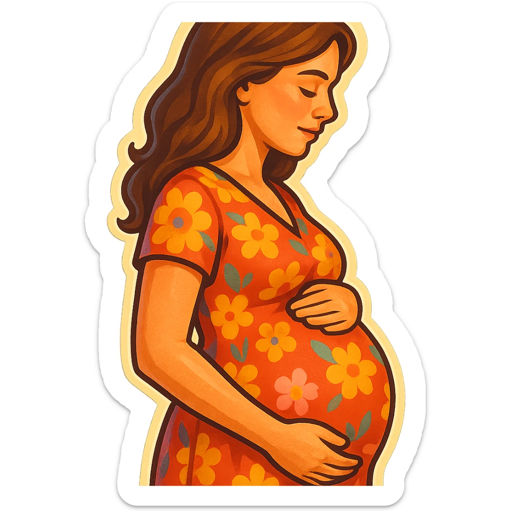 pregnant woman half-length portrait, in floral print dress, standing sideways, holding belly, face and head fully in frame, retro stickers style, soft rounded shapes, expressive contours, vintage color palette, light paper texture, shadows and highlights, transparent background sticker