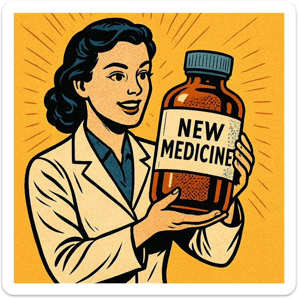 A modern day female scientist holding a large medicine bottle which is labelled 'New Medicine' sticker
