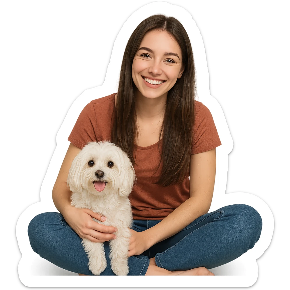 brunette girl with long hair sitting beside a Maltese dog, both smiling sticker