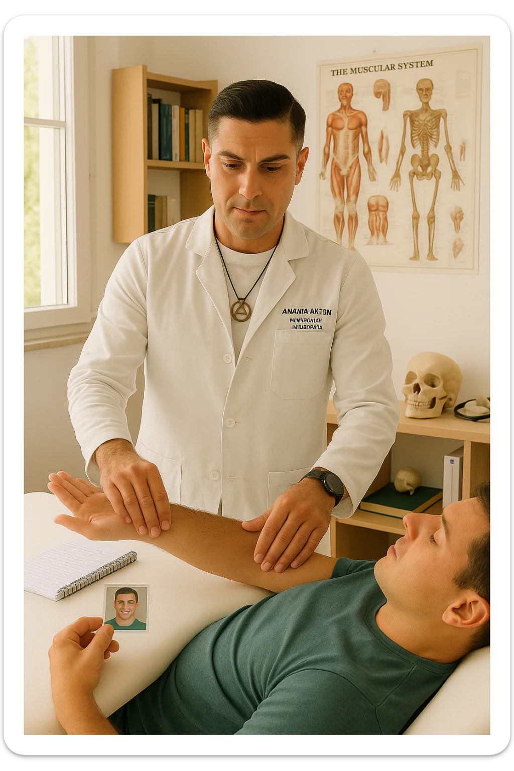 a middle-aged man, dressed in casual professional attire, is in a bright, organized therapy studio. Durante una visita di kinesiologia, il praticante tiene con una mano la foto di una persona lontana (il “testimone”) appoggiata su un tavolo, mentre con l’altra mano esegue un test muscolare su un cliente presente. Sullo sfondo si vedono libri di kinesiologia, poster anatomici e strumenti tipici della disciplina. L’atmosfera è concentrata e serena, con luce naturale che entra dalla finestra, sottolineando l’aspetto alternativo e umano della pratica. sticker