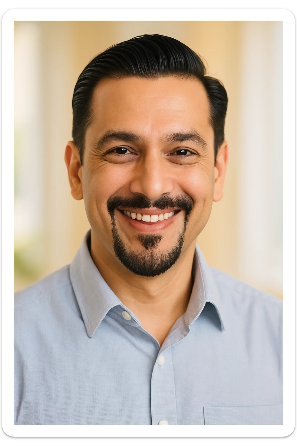 A fair-skinned Indian man, age 40, with a slick Puerto Rican-style French goatee and a charming, trustworthy smile that radiates warmth. sticker