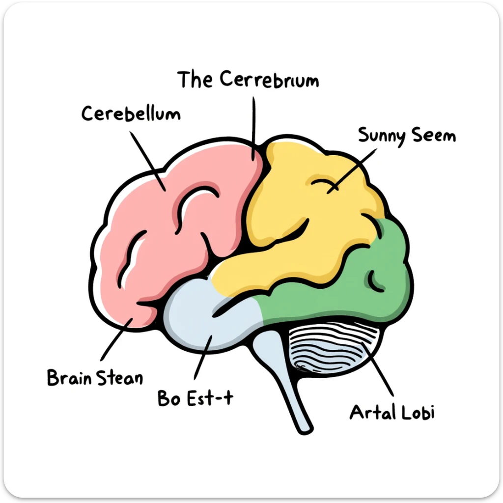 Anatomical brain diagram with colored regions: cerebrum in pink, cerebellum in yellow, brain stem in green, and frontal lobe in light blue. Detailed hand-drawn medical illustration with labeled major parts and lobes. sticker