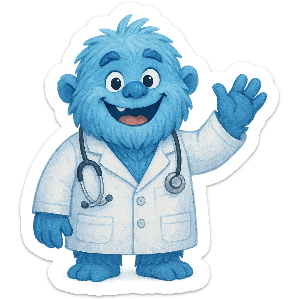 blue yeti character, fluffy and cheerful, wearing a doctor's white coat, waving hand sticker