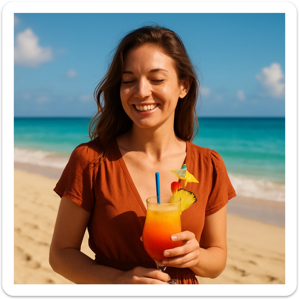 take this picture of a woman and make it  beach photo with drink sticker