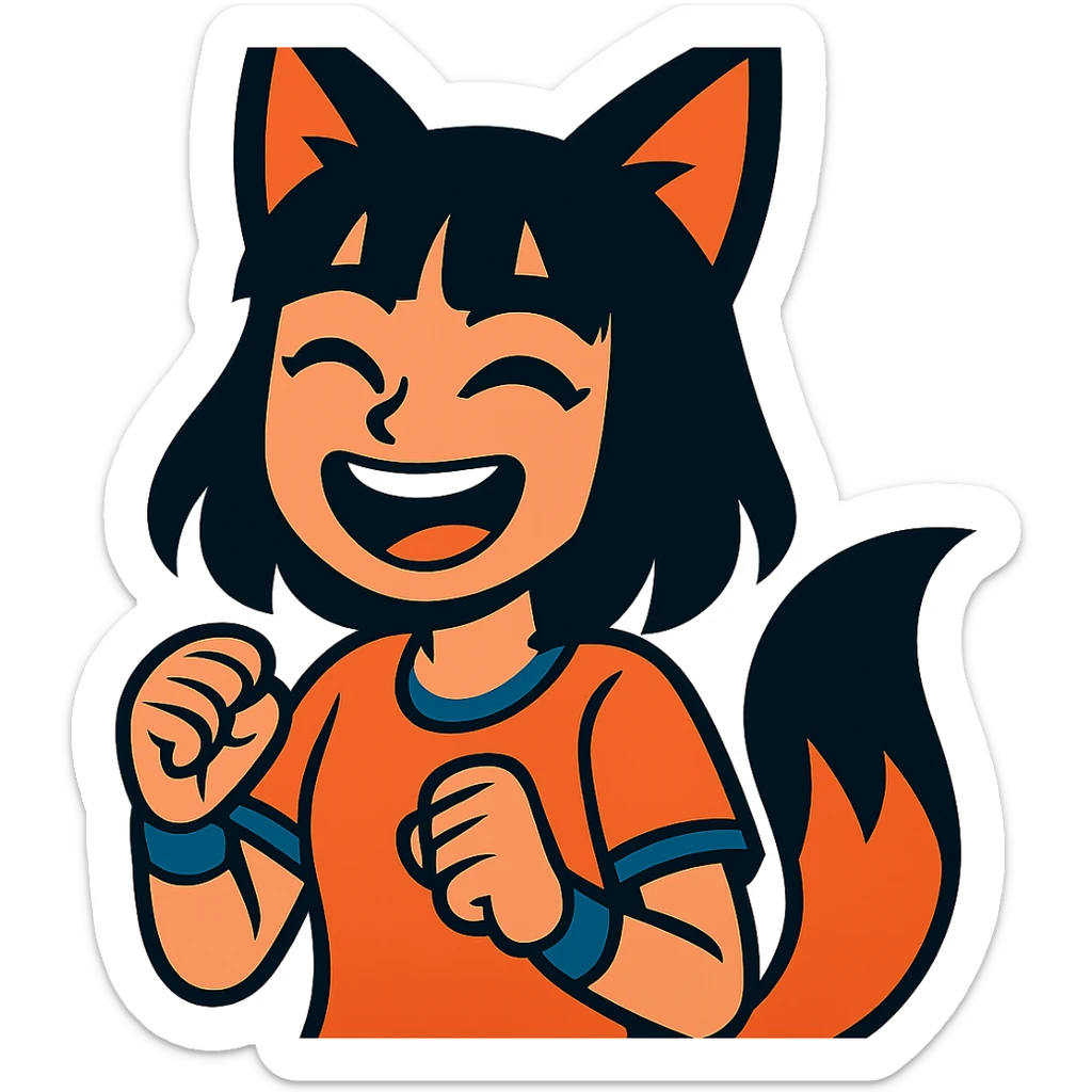 A girl with black fox ears and a tail, green eyes, dark hair, laughing sticker