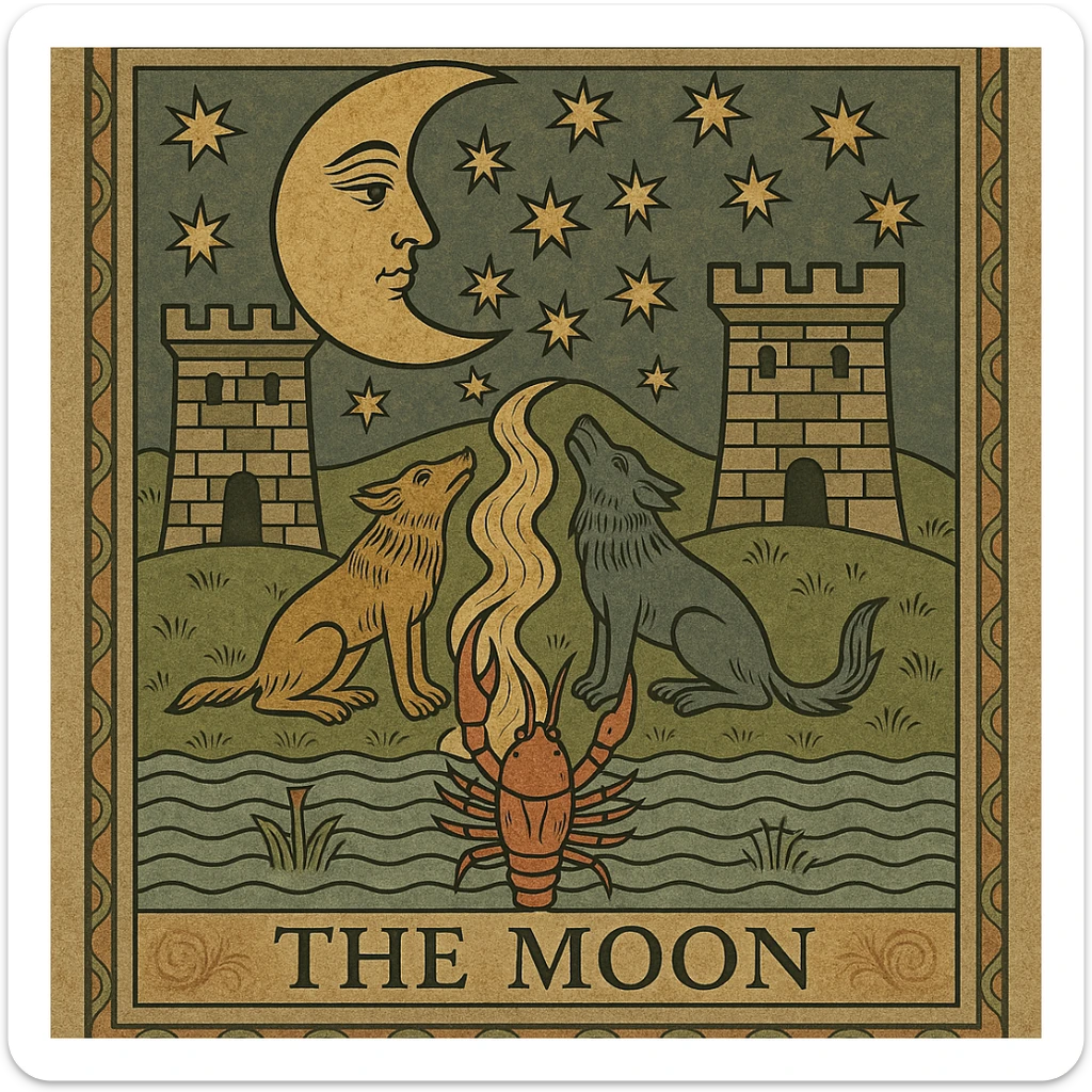 Add a prominent lobster emerging from the water at the bottom of The Moon tarot card, in the same vintage Marseille tarot style, keeping all other vintage details and ornate embellishments intact. The style should match the vintage Marseille tarot card exactly as in the reference image. sticker