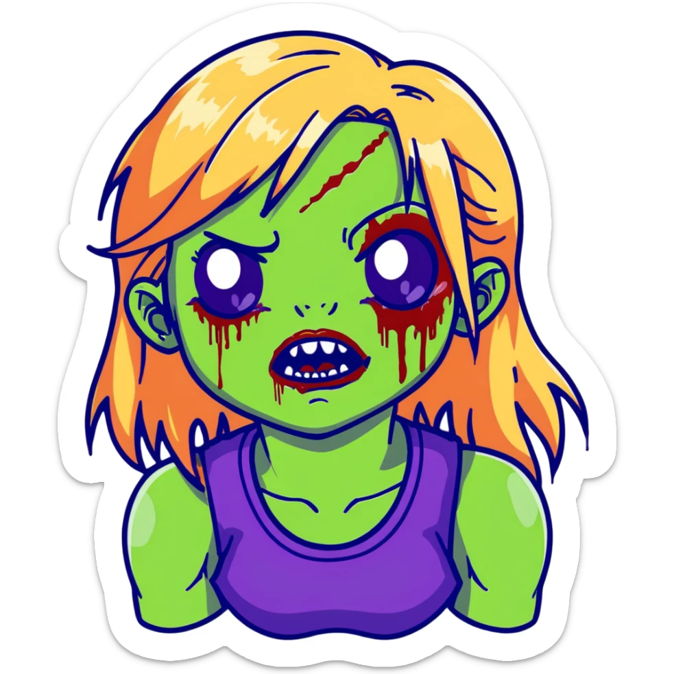 Zombie girl with green skin, purple bruises, gaping mouth, blonde long hair with bangs sticker